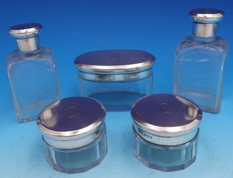 Dresser Jar Set with 5 jars sterling and glass London- 1920 by CD= Charles Dumenil some chips and dents sku# 9255-h-m - English Sterling - Estate c.1902-Present by Various Makers - Sterling - with Monogram